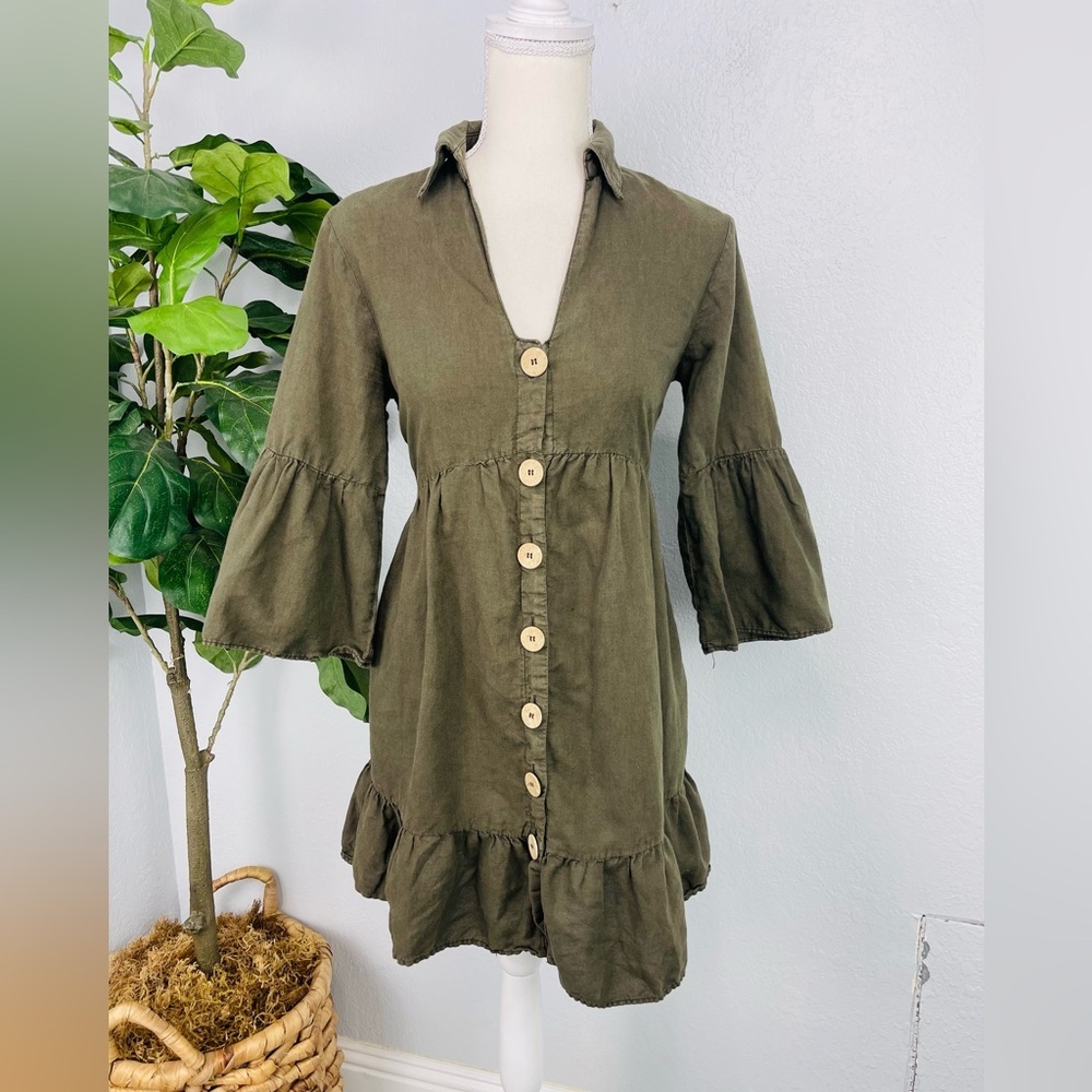 Zara Military Olive Green Flowey Buttoned Canvas BabyDoll Ruffle Dress